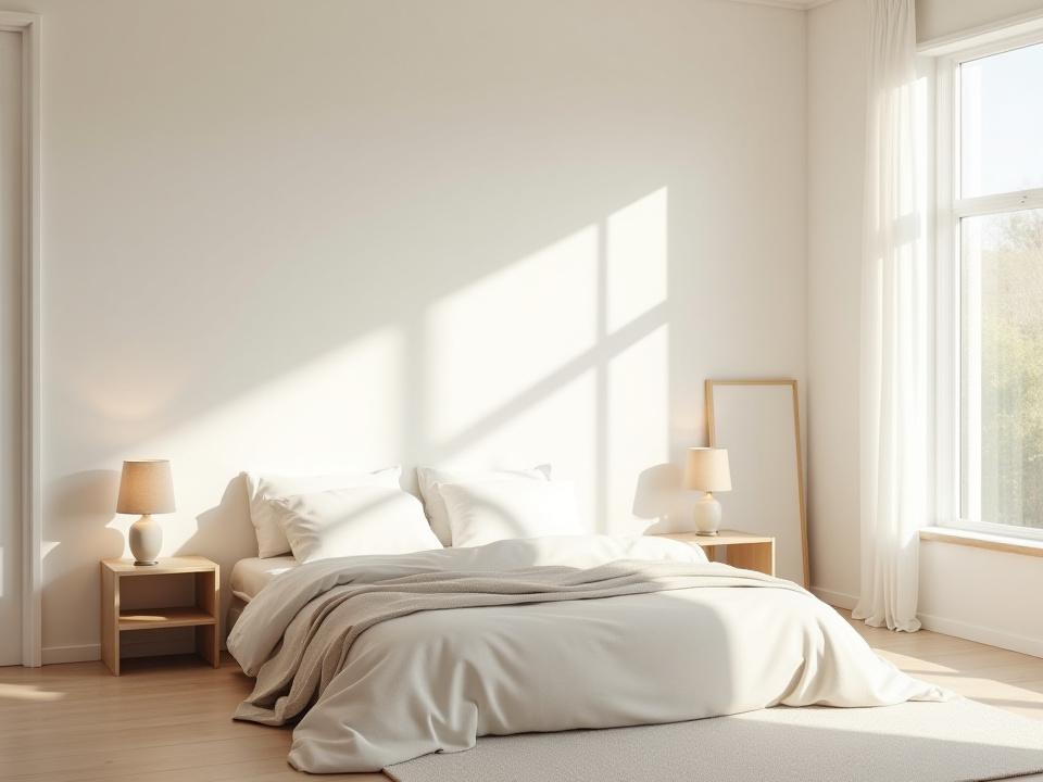 Et rolig og luftig soverom med linnedtekstiler, nøytrale farger og et stort vindu.