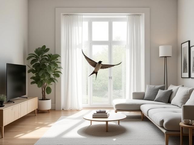 En elegant svale flyr inn i en moderne skandinavisk stue med naturlige materialer.